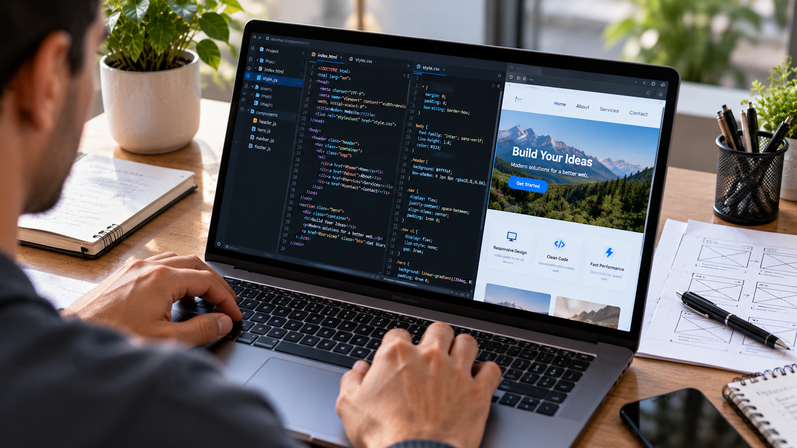 html css javascript code editor workspace Web developer editing HTML CSS and JavaScript with a live website preview