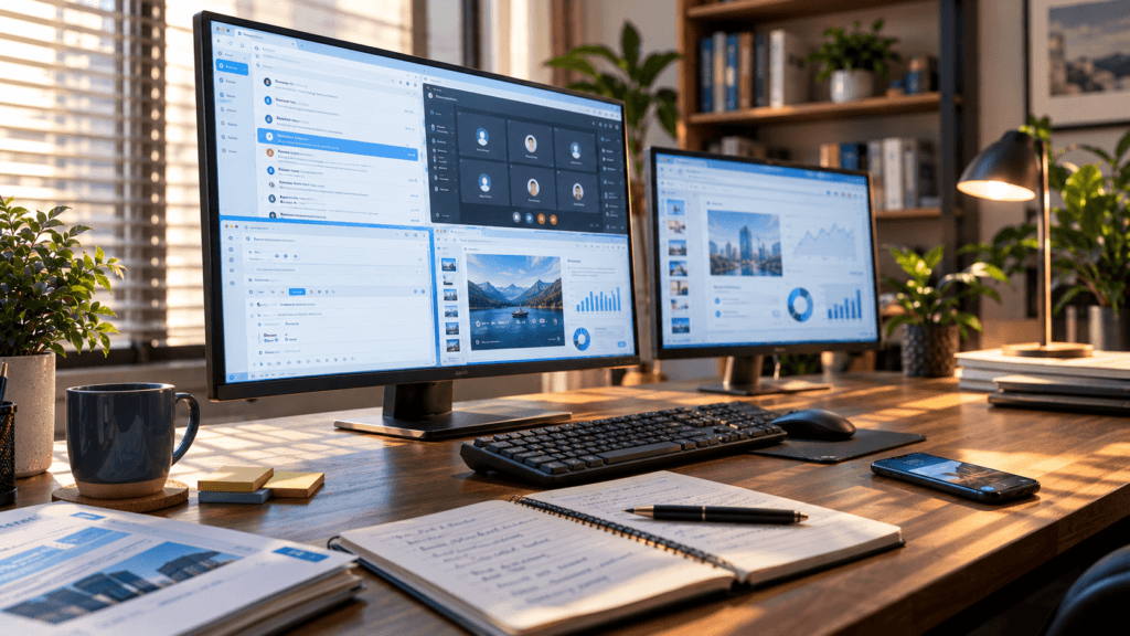 Cozy Dual Monitor Workspace Setup Cozy Dual Monitor Workspace Setup