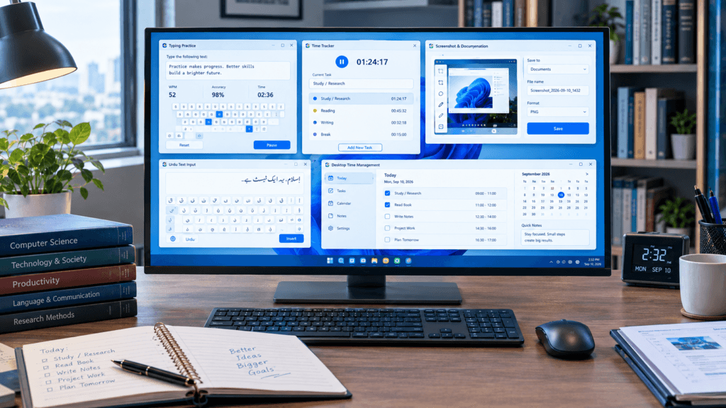 Organized Productivity Workspace with Multitasking Monitor