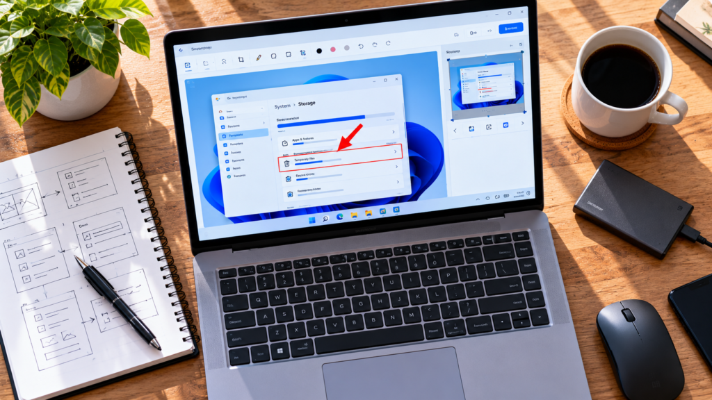 Windows Storage Tutorial Desk Setup Editing and annotating a Windows 11 screenshot with arrows and highlights