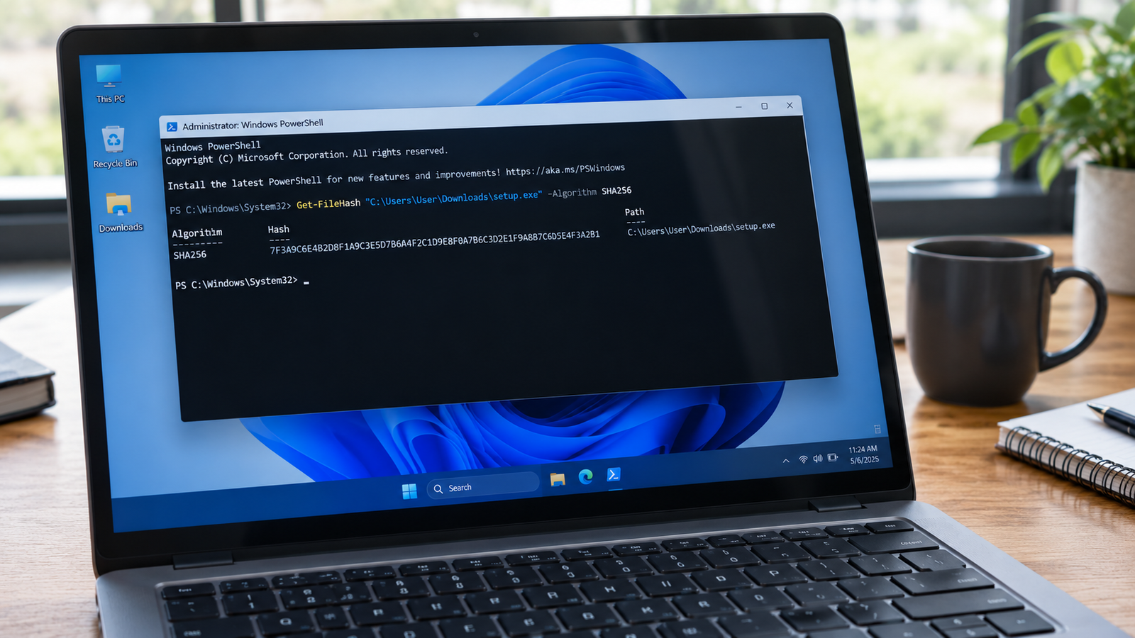 verify sha256 windows installer Windows PowerShell showing a SHA-256 hash for a downloaded installer.