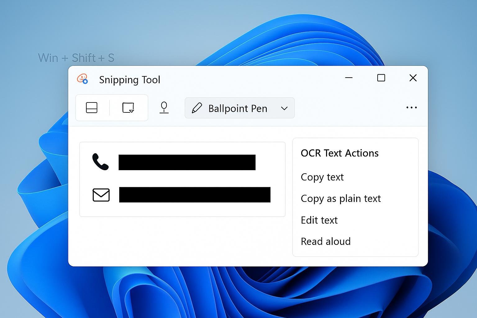 Snipping Tool text recognition interface on Windows 11