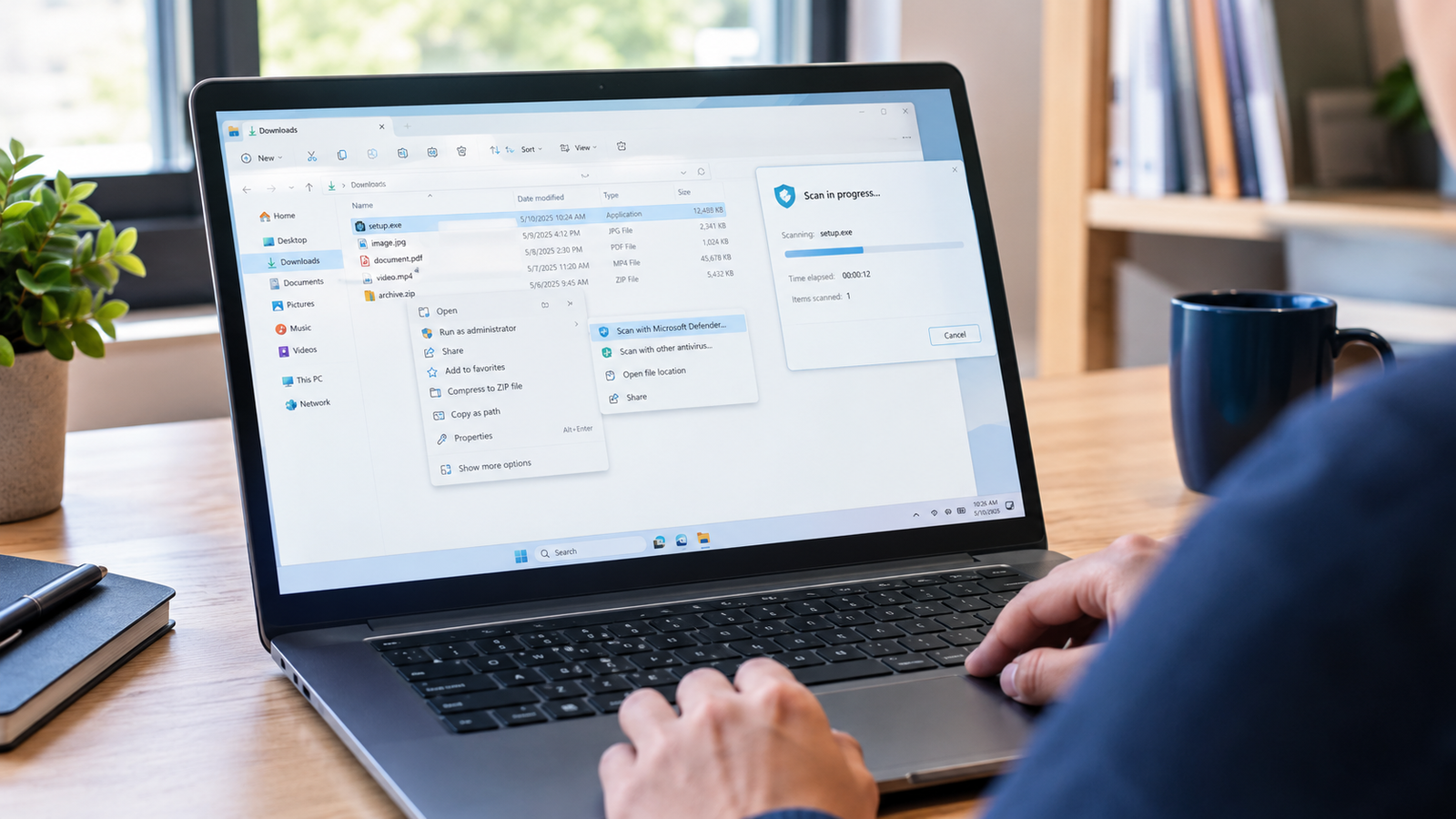 windows defender download scan Windows user checking a downloaded file with antivirus scanning tools.